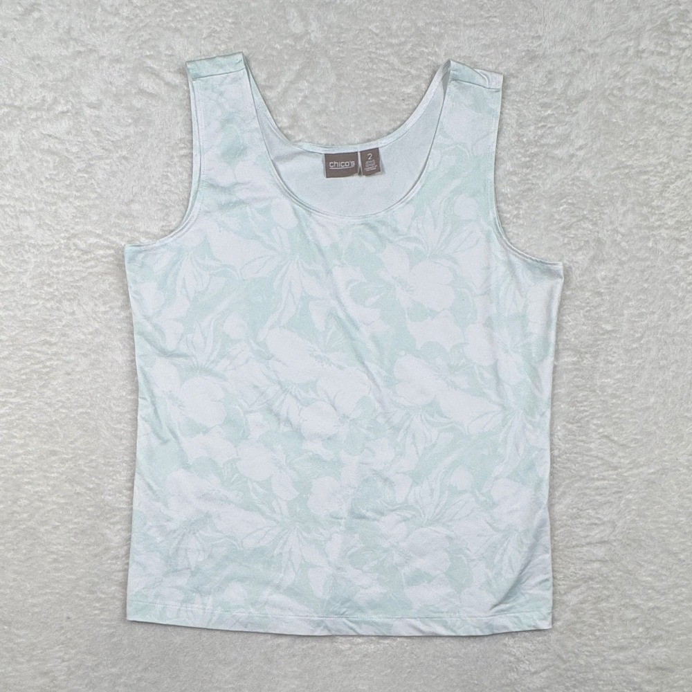 Chico's Tank Top Womens Size 2 White Blue Floral Coastal Stretch Sleeveless